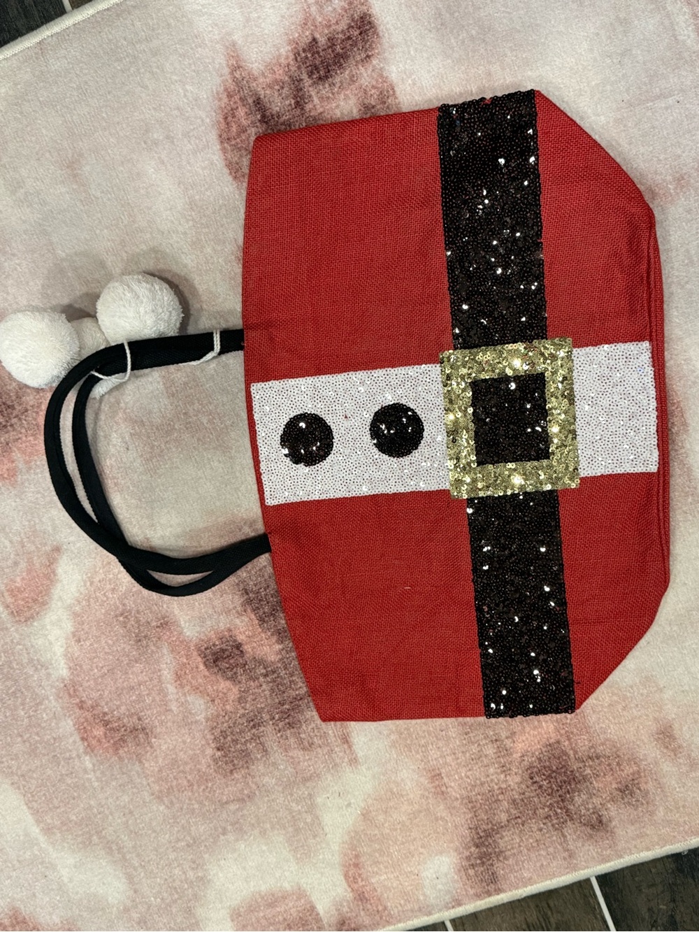 Mud Pie Red Santa Belt Kids Tote with Black Handles and White Pom Poms